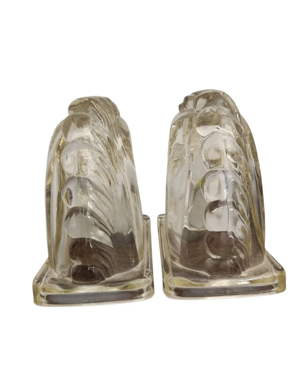 Vintage Mid Century Clear Glass Horse Head Bookends Paperweights Art Deco Hollow